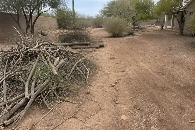 Desert and rock landscaping in progress with cleared debris and native scrub plants in a yard in Phoenix, AZ.