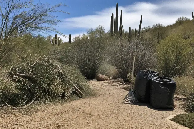 A partially cleared desert landscape with pruned foliage and tools on the ground in Phoenix, AZ.