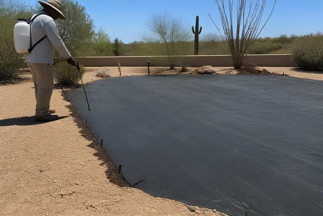 A worker applying herbicide along landscape fabric at a job site in Phoenix, AZ with desert plants in the background.
