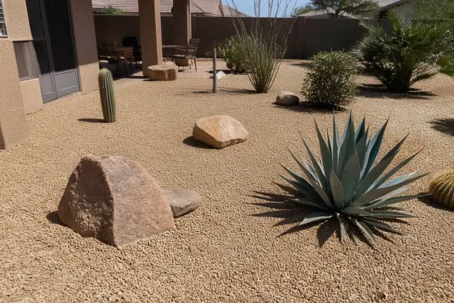 Desert landscaping installation featuring native rocks and succulents on crushed granite in Goodyear, AZ.