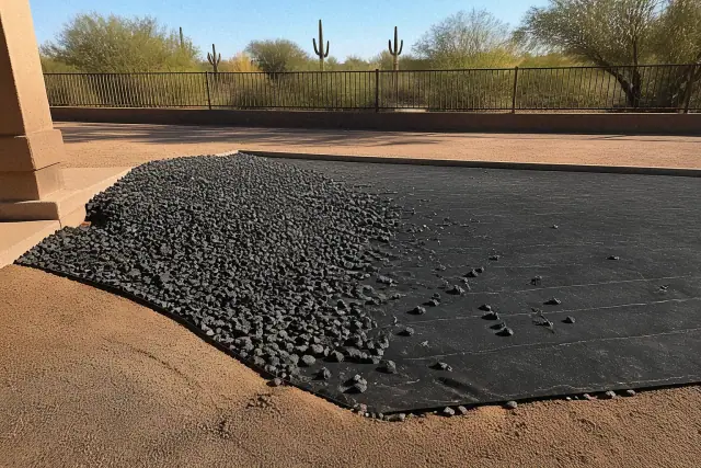 Weed barrier fabric and decorative rock installation in a Scottsdale, AZ landscape project with saguaro cacti.