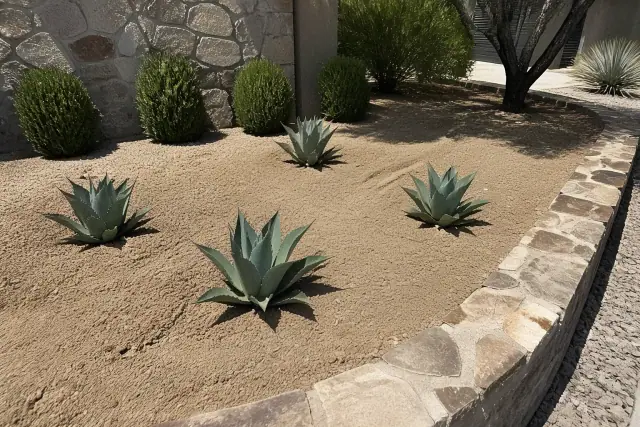 Freshly laid decomposed granite and newly planted agave in a desert landscape in Glendale, AZ.