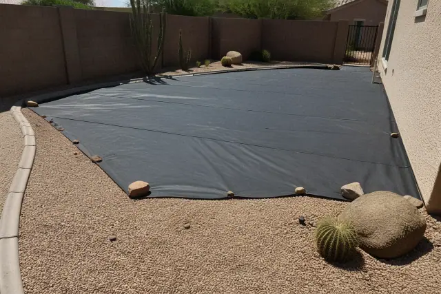 Weed barrier fabric laid over a foundation in a desert landscaping project in Chandler, AZ.