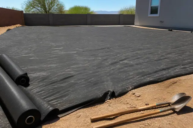 Weed barrier fabric and shovels on a desert landscaping job site in Mesa, AZ.