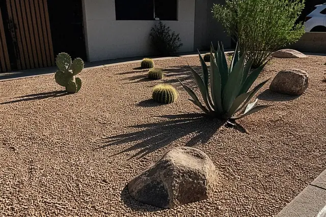 Desert landscaping featuring crushed granite and native succulents at a job site in Tempe, AZ.
