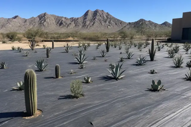 Desert landscaping installation with cacti and agave clusters in a gravel yard in Gilbert, AZ.