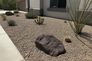 Decorative desert gravel and large volcanic rock boulders in a residential landscape in Phoenix, AZ.