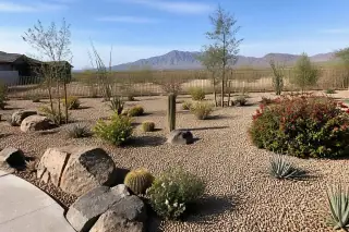 Vibrant desert plants in rock mulch with desert mountains in the background of a Phoenix, AZ landscape.