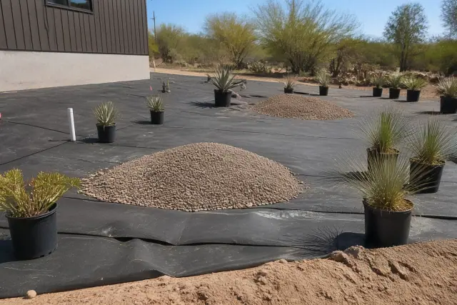 Decorative gravel and potted desert plants placed on weed barrier fabric at a Phoenix, AZ landscape jobsite.