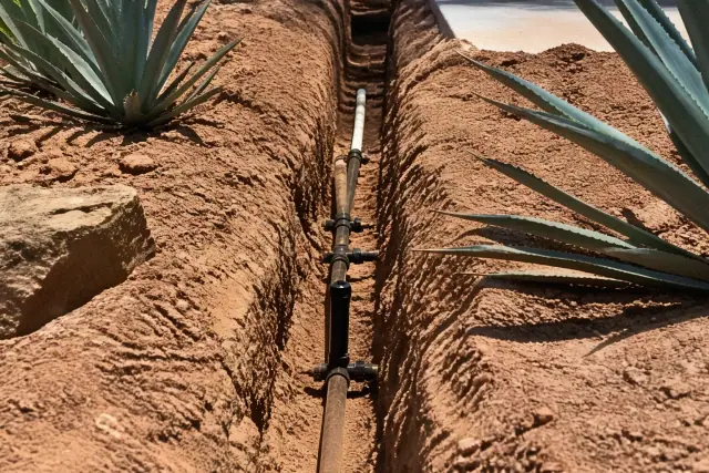 Drip and micro irrigation repair in a narrow trench with pipes and sprinkler heads in reddish Phoenix, AZ desert soil.