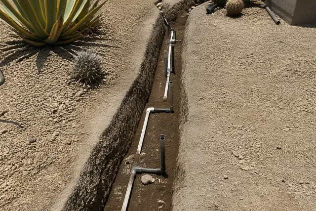 Exposed trench showing pipe segments and sprinkler heads during a drip irrigation repair in Phoenix, AZ.