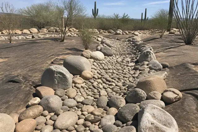Dry creek bed and drainage rocks installed in a residential yard in Phoenix, AZ.