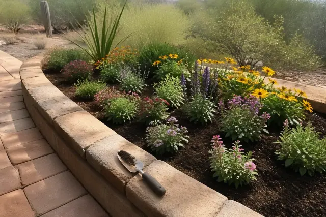 New flower and perennial plantings in a garden bed with a trowel on stone edging at a residential home in Phoenix, AZ.