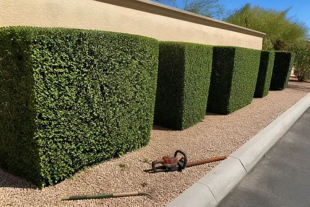 Architectural hedges with clean geometric lines and pruning tools over crushed granite in Phoenix, AZ.