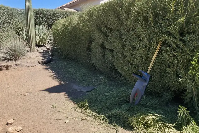 Half-trimmed hedge with hedge trimmers on the ground at a residential property in Phoenix, AZ.