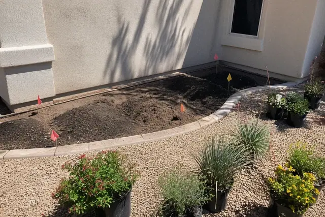 A garden bed with soil amendments and plant containers ready for landscaping in Phoenix, AZ.