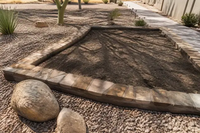 Empty stone-edged garden planter bed with desert rock mulch in Phoenix, AZ.