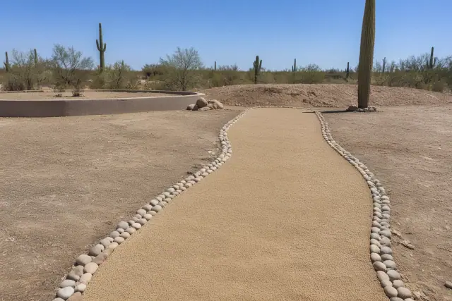 Gravel path with decomposed granite and saguaro cactus in a desert landscape in Phoenix, AZ.