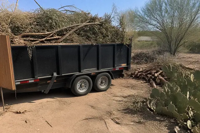 Pile of green waste and branches ready for removal on cracked desert earth in Phoenix, AZ.