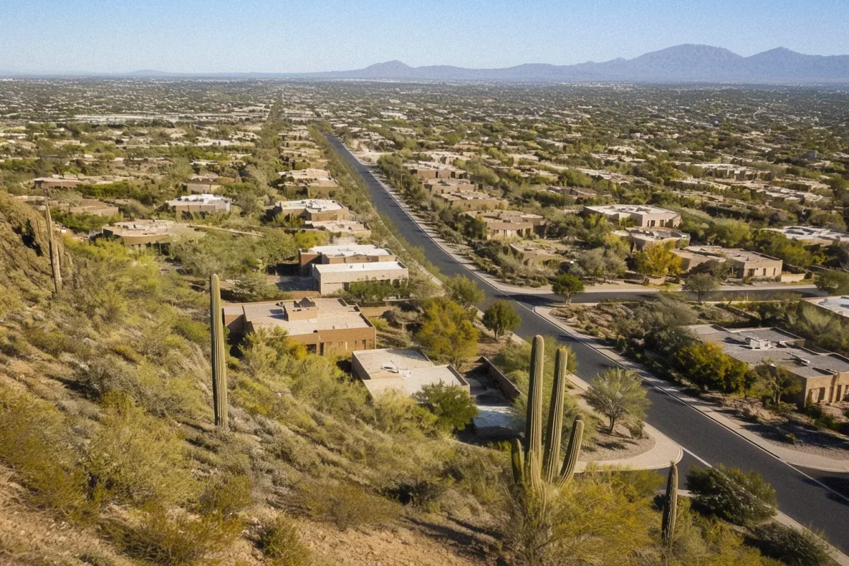 Aerial drone view of a suburban neighborhood with terra-cotta roofs and desert landscaping in Phoenix, AZ.