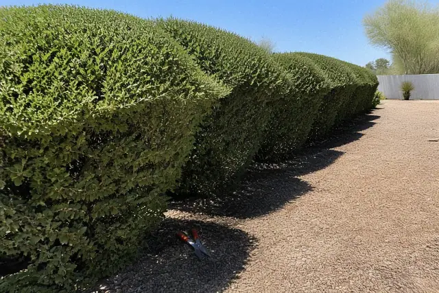Sculpted hedge border with hand shears in a xeric landscape during midday sunlight in Phoenix, AZ.