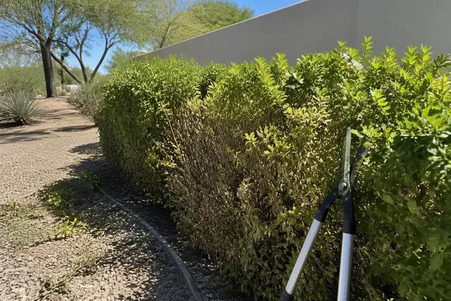 Half-pruned hedge in a Phoenix, AZ desert landscape with hedge trimmers resting against the bushes.
