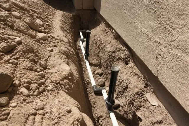 Exposed irrigation pipes and sprinkler heads in a dirt trench during a system repair in Phoenix, AZ.