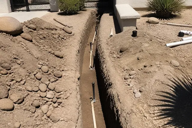 Irrigation repair trench with exposed pipes and sprinkler heads at a residential property in Glendale, AZ.