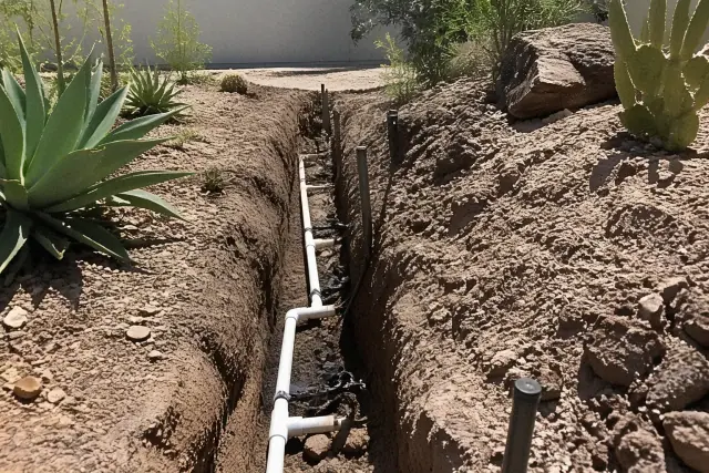 Exposed PVC pipe and sprinkler heads in an irrigation repair trench in Paradise Valley, AZ.