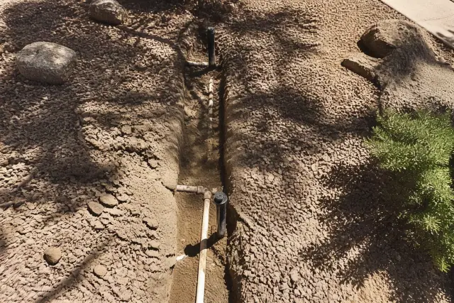 Exposed irrigation pipes and sprinkler heads in a narrow trench during a landscaping repair in Goodyear, AZ.