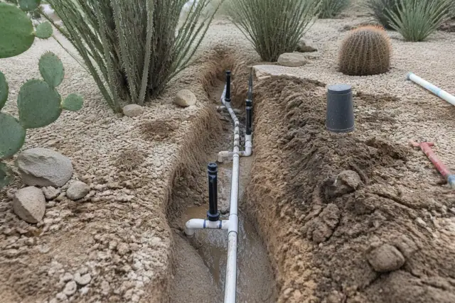 A trench with exposed sprinkler pipes and muddy soil during an irrigation repair project in Tempe, AZ.