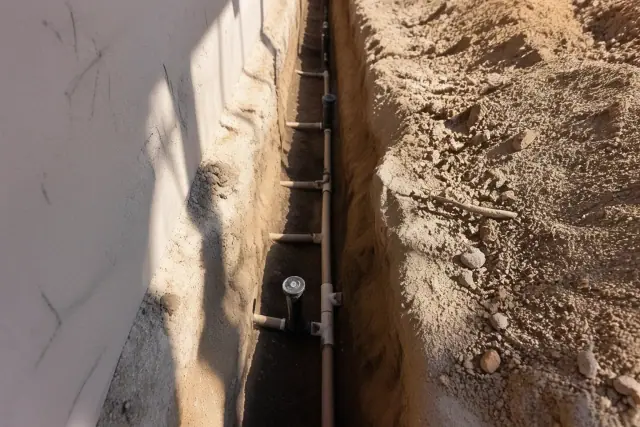 Exposed pipe segments and sprinkler heads in a residential irrigation repair excavation in Scottsdale, AZ.