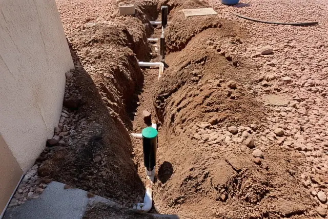 Exposed irrigation pipes and sprinkler heads in a trench during a landscape repair in Gilbert, AZ.