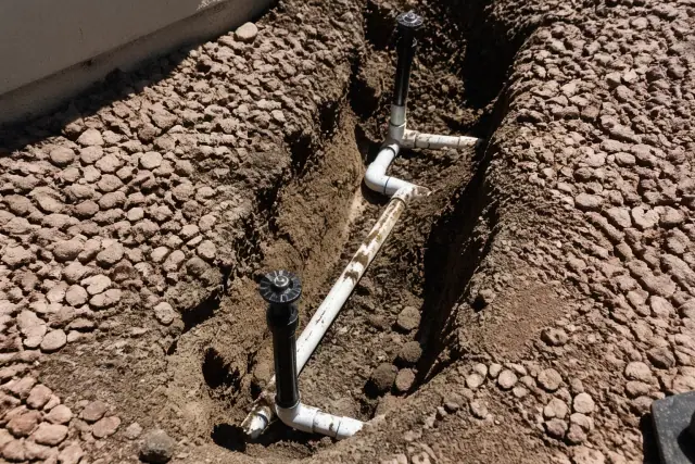 Irrigation repair on a residential property in Peoria, AZ, showing an open trench with exposed PVC pipes and sprinklers.
