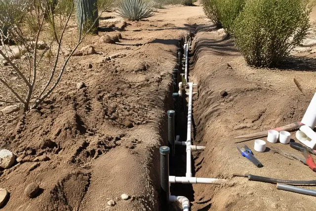 Irrigation repair trench with exposed PVC pipes and sprinkler heads in Cave Creek, AZ.