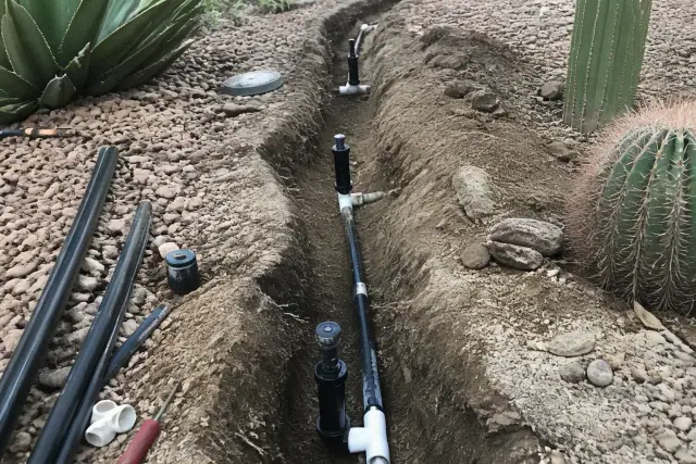 Exposed pipes and sprinkler heads during an irrigation system repair in a xeriscaped yard in Phoenix, AZ.