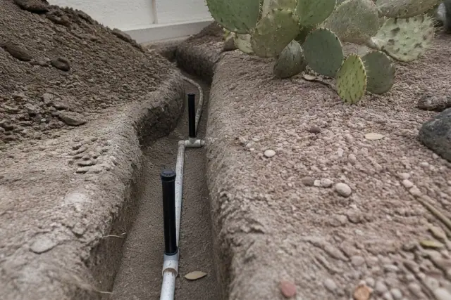 An exposed irrigation pipe and sprinkler head during a system repair in Chandler, AZ.