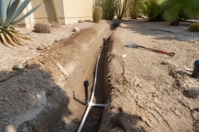 Exposed irrigation trench with pipe and sprinkler heads during a system repair in a Mesa, AZ residential yard.