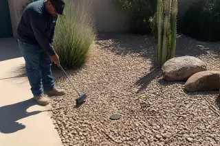 Finished sprinkler head repair in decorative desert rock at a residential site in Phoenix, AZ.