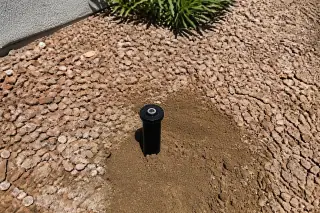 Newly installed sprinkler head and pipe fittings in a backfilled trench with crushed granite in Phoenix, AZ.