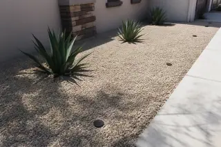 New sprinkler heads installed in damp soil surrounded by desert rock in Phoenix, AZ.