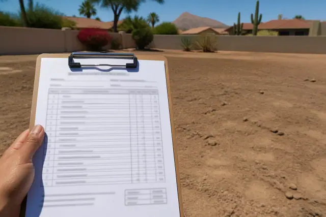 Itemized landscaping estimate on a clipboard held over bare soil at a job site in Phoenix, AZ.