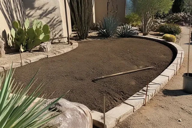 Prepared soil bed with stone edging and landscaping tools in a Phoenix, AZ garden under bright sunlight.