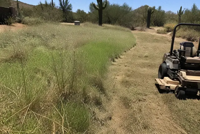 Neglected lawn with uneven grass and weeds in Cave Creek, AZ, with desert scrub and afternoon shadows in the background.
