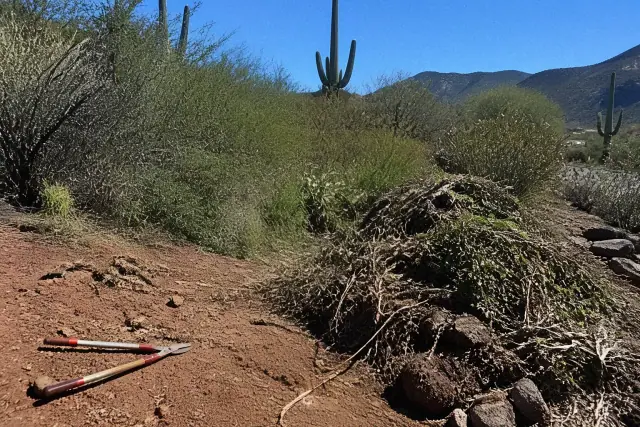 Landscapers clearing overgrown vegetation and weeds to reveal desert soil in Paradise Valley, AZ.
