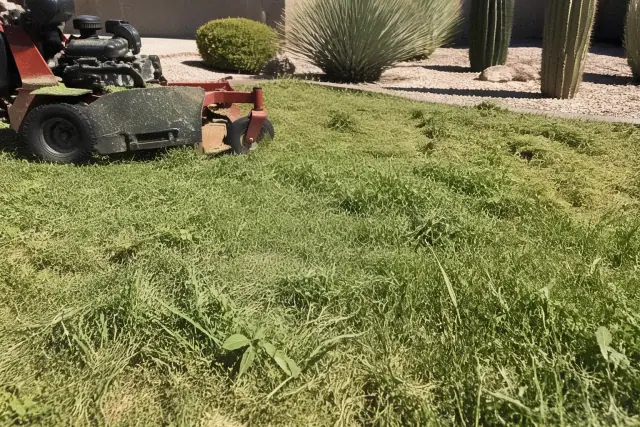 A neglected patch of dry, patchy grass with weeds and manual shears on cracked soil in Phoenix, AZ.
