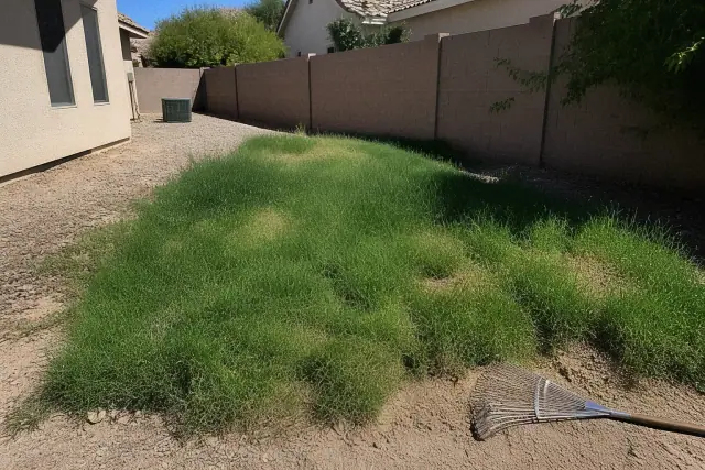 Neglected lawn with weeds and thatch needing maintenance at a residential property in Tempe, AZ.