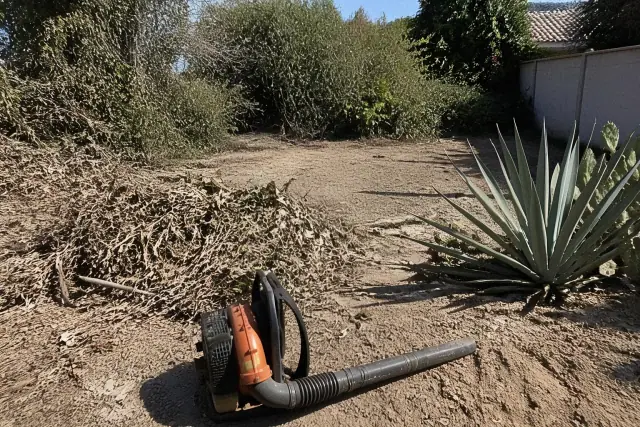 Landscaper using an industrial leaf blower to clear debris from a yard in Goodyear, AZ.