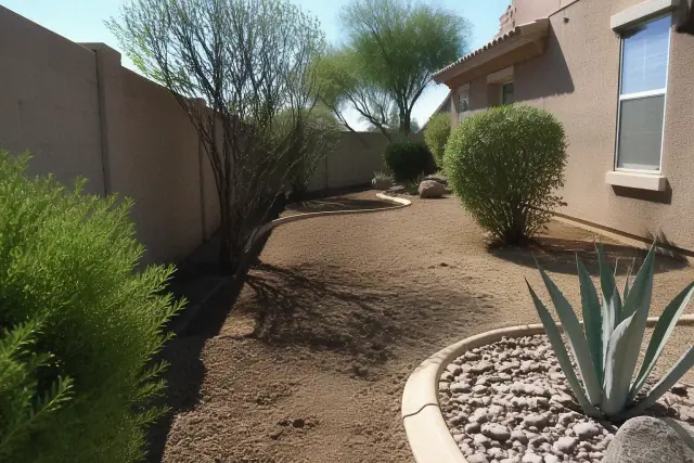 Raked soil and cleared pathways in a desert landscape during a yard cleanup project in Phoenix, AZ.