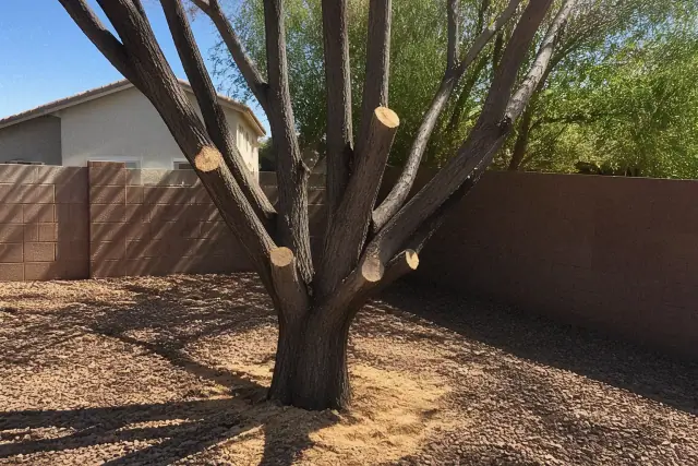 Freshly trimmed tree canopy and wood chips on the ground after landscape work in Phoenix, AZ.